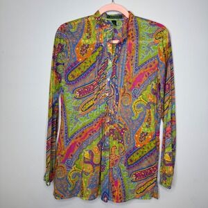 Lauren Ralph Lauren Womens Multicolor Paisley Pintuck Cotton Blouse Top Small